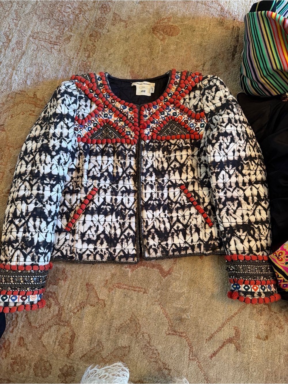 Isabel Marant x H&M Black & White Patterned Embellished Jacket with Red Trim